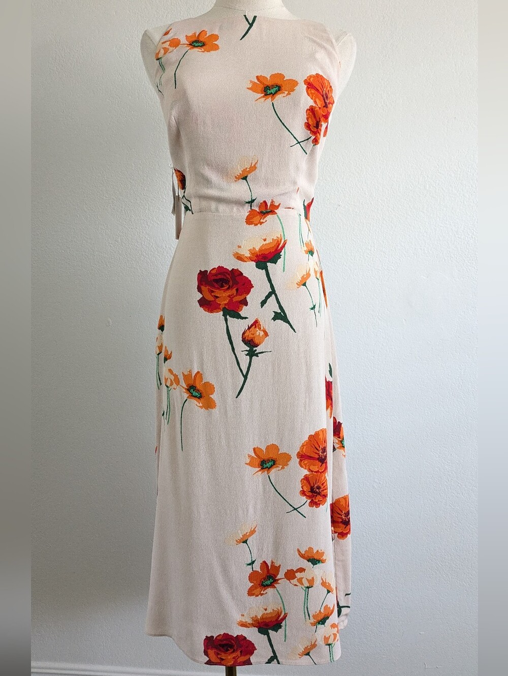 Aritzia Wilfred Floral Back-Tie Midi Dress in Cream and Orange
